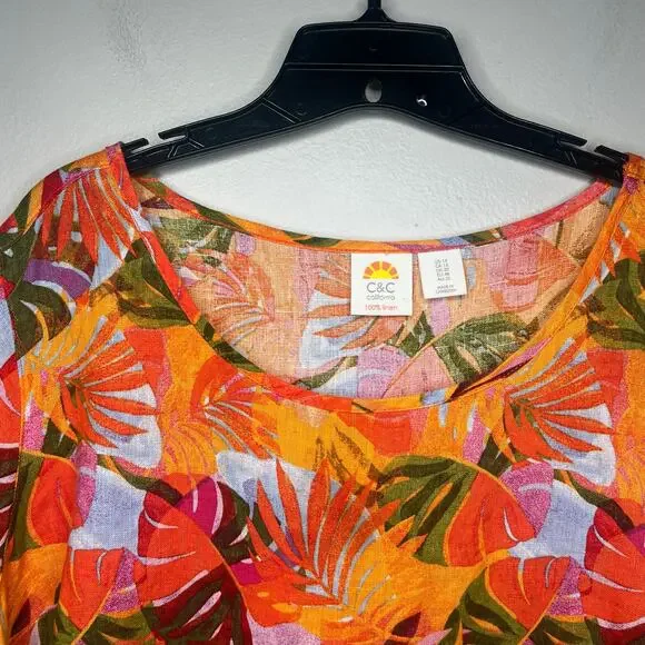 C&C California Leaf Print 100% Linen Tunic Size 1X Resort Beach Boho Relaxed - Picture 4 of 9